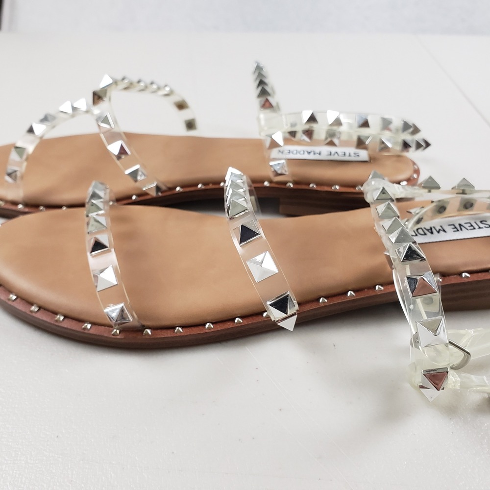 Steve Madden Travel Clear Tan Silver Pyramid Studded Gladiator Sandals 8.5M - Picture 3 of 11